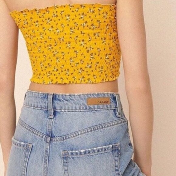 Garage Women’s Floral print Smocked Tube Top Cropped Bandeau Cotton Black Medium - Picture 13 of 13